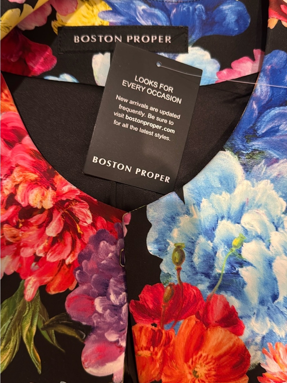 NEW Boston Proper Black Floral Open-Front Jacket with Multi-Color Blooms